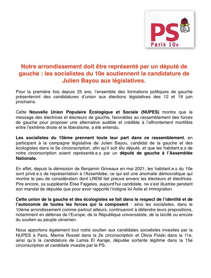 , Monde du travail: Les socialistes de #Paris10 soutiennent la candida… #nupes #gauche @PSParis10